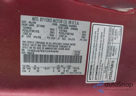 2001 Ford Explorer Sport Trac из США, поврежденный, VIN 1FMZU67EX1UA94698